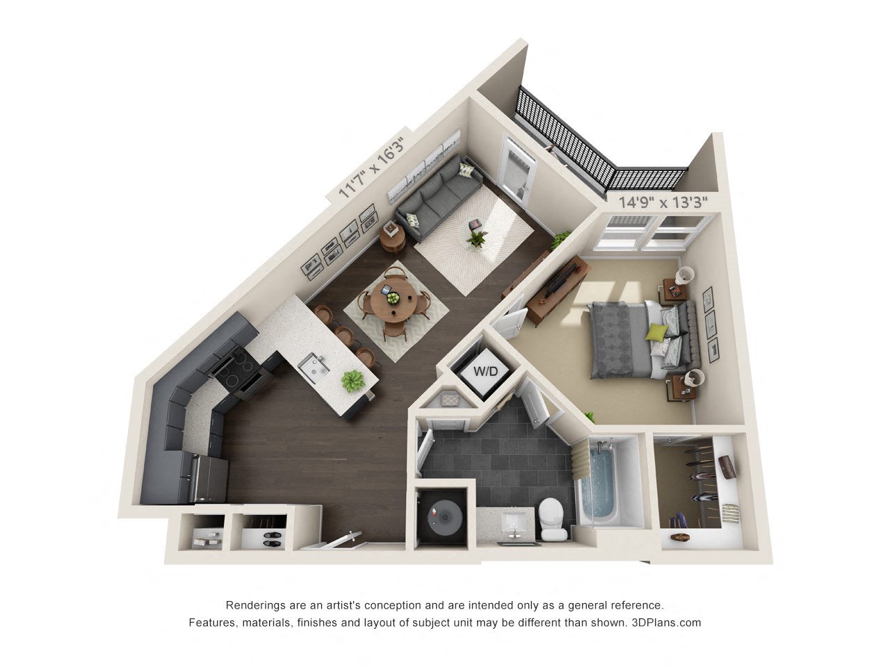 Floor plan for 1 bed, 1 bath, 706 sqft